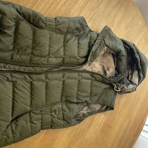 North Face olive green vest with hood. Worn only a handful of times.